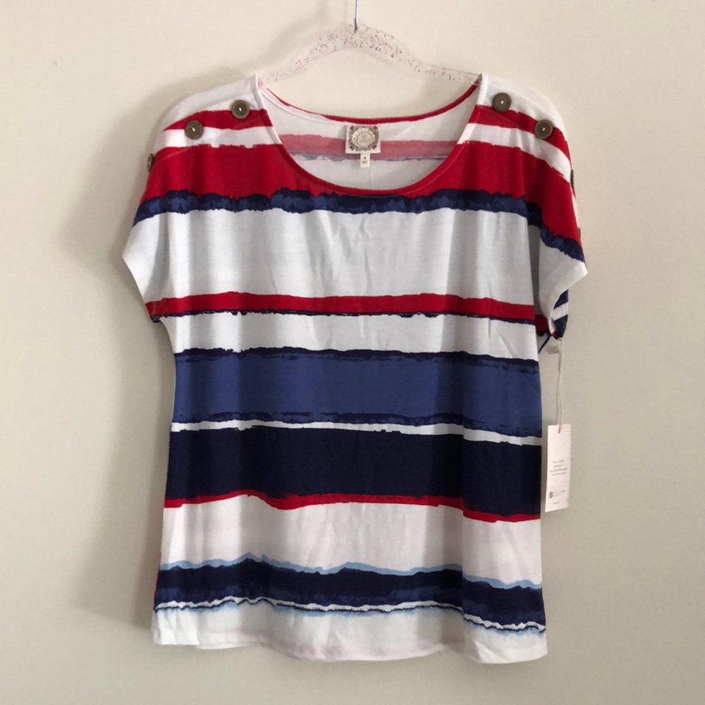 Striped Short-Sleeve Top with Button Shoulder Detail by TRU Self